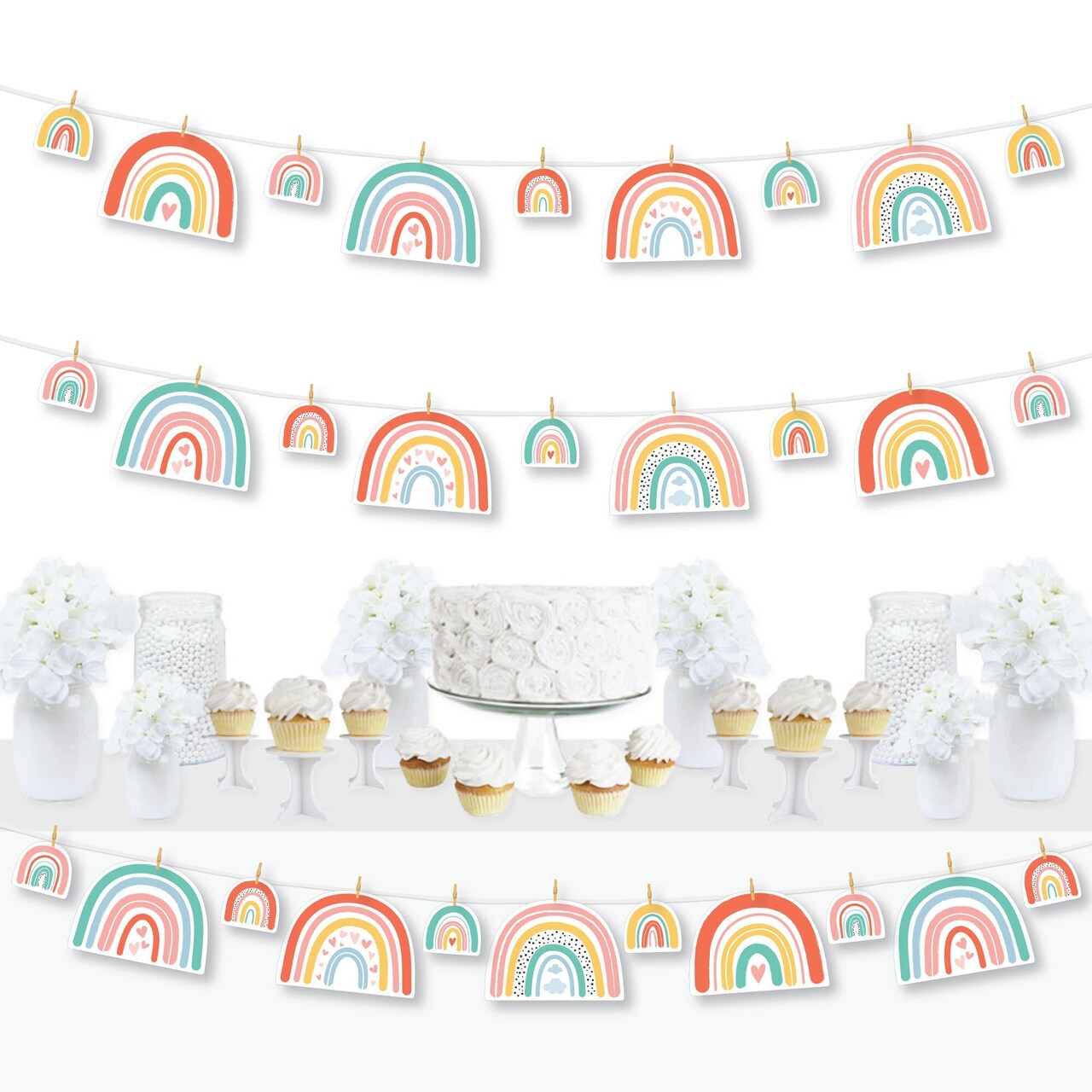Big Dot of Happiness Hello Rainbow - Boho Baby Shower and Birthday Party Decor - Clothespin Garland Banner - 44 Pieces
